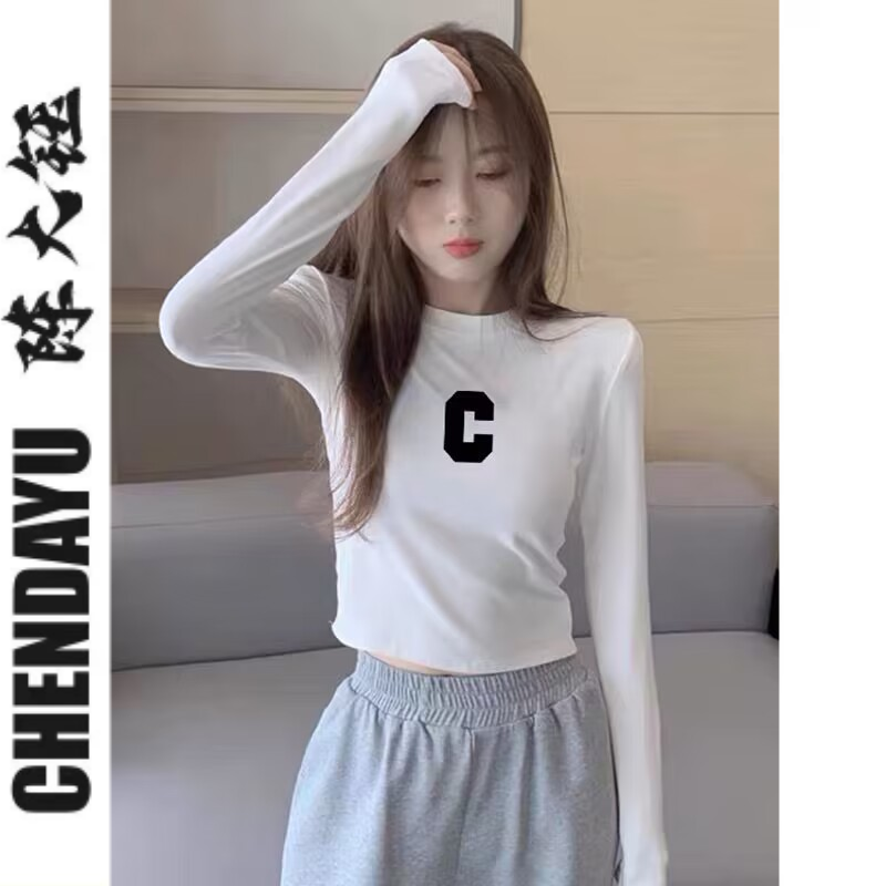 白色洋氣春秋修身長袖t恤女短款高腰露臍美式復古小眾獨特上衣潮