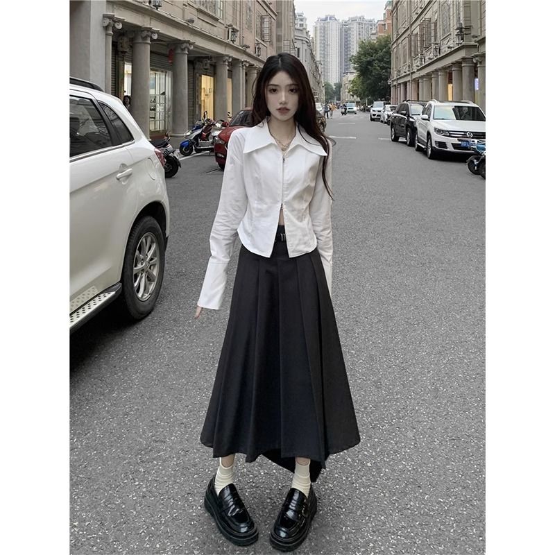 2023新款早秋鹽系穿搭套裝夏季設計感長袖襯衫上衣女胖mm專屬遮肉