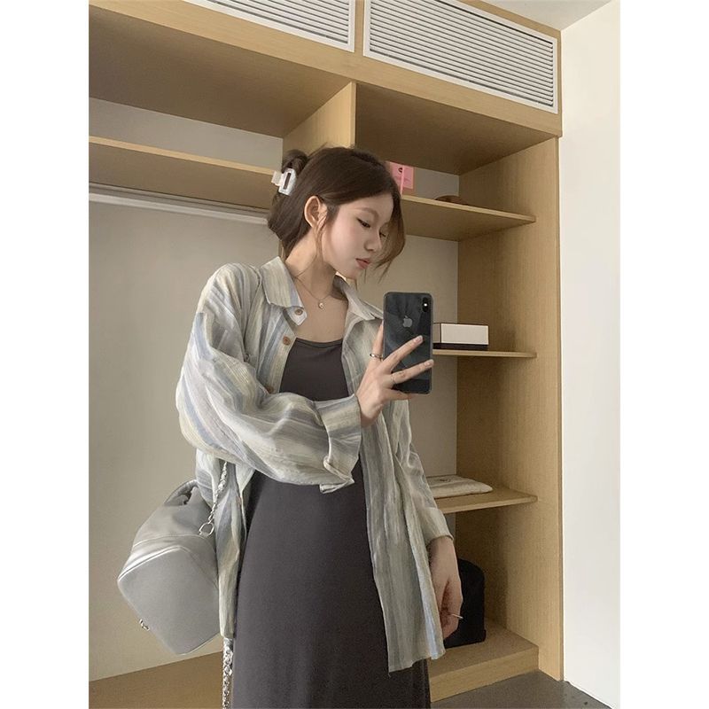 韓系防曬襯衫女2023秋季新款條紋長袖襯衣輕薄透氣慵懶風外搭上衣