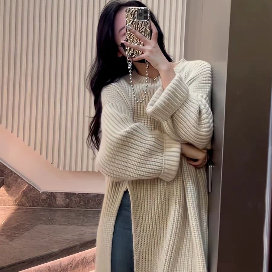 Irregular slit knitted dress for women autumn and winter round neck long loose lazy style long-sleeved sweater bottoming skirt