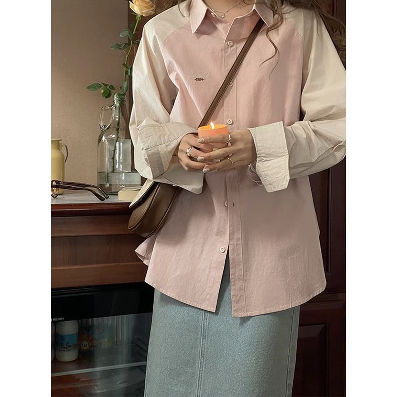 法式粉色长袖衬衫女拼接设计感小众衬衣秋季新款百搭宽松上衣