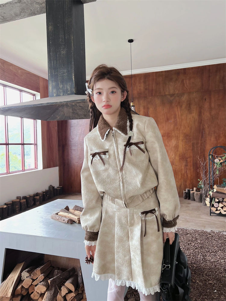 Melard Farbverlaufslederjacke für Damen, Herbstmantel im kleinen Stil, hoch taillierter, schlankmachender neuer Halbrock, zweiteilig_voghion.com