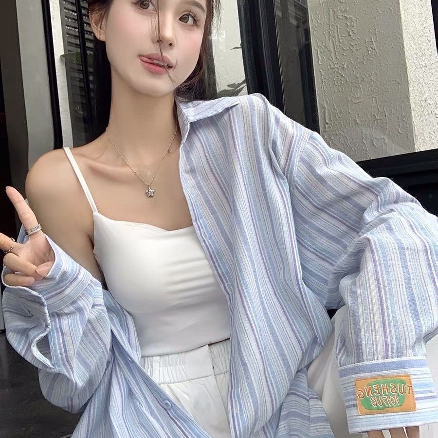 格瑞吉奧春秋寬鬆慵懶風藍色條紋襯衫女長袖防曬襯衣休閒百搭外套