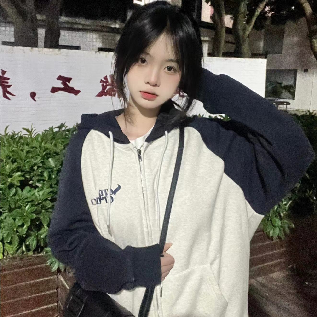 拼色開衫衛衣女小個子春秋薄款oversize美式復古連帽棒球服外套