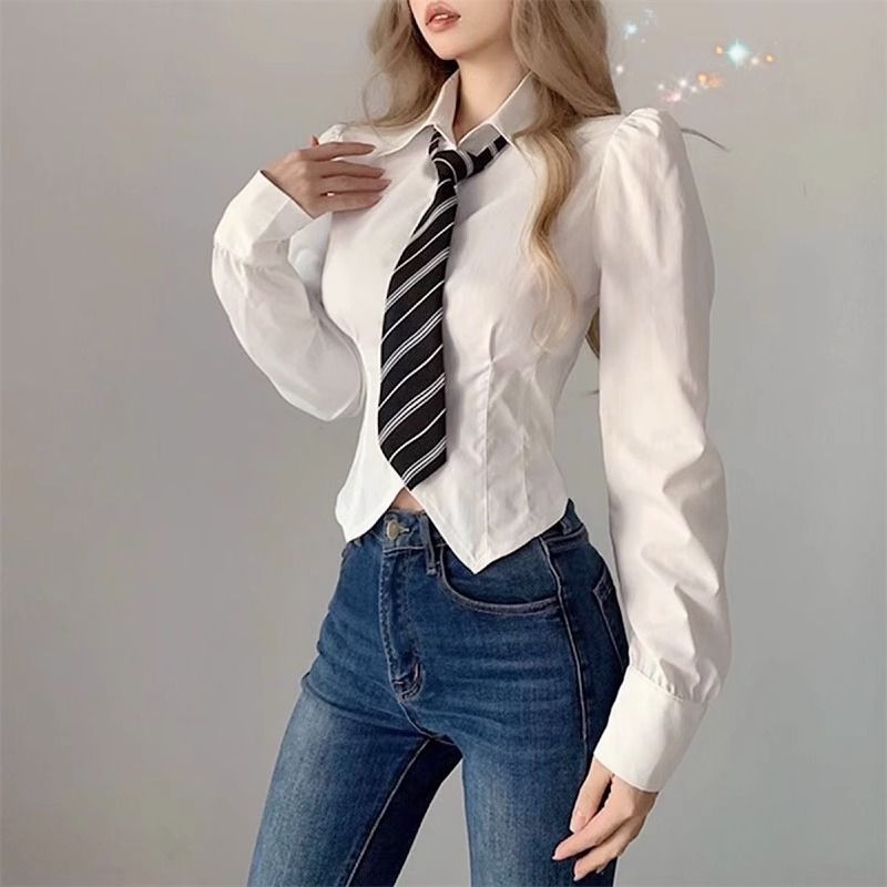 jk制服學院風白色襯衫女短款小個子收腰顯瘦長袖襯衣修身打底上衣