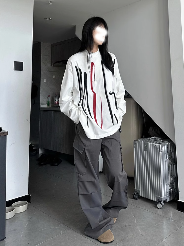 2023年復古長袖t恤女oversize秋季手繪印花寬鬆白色體恤圓領上衣