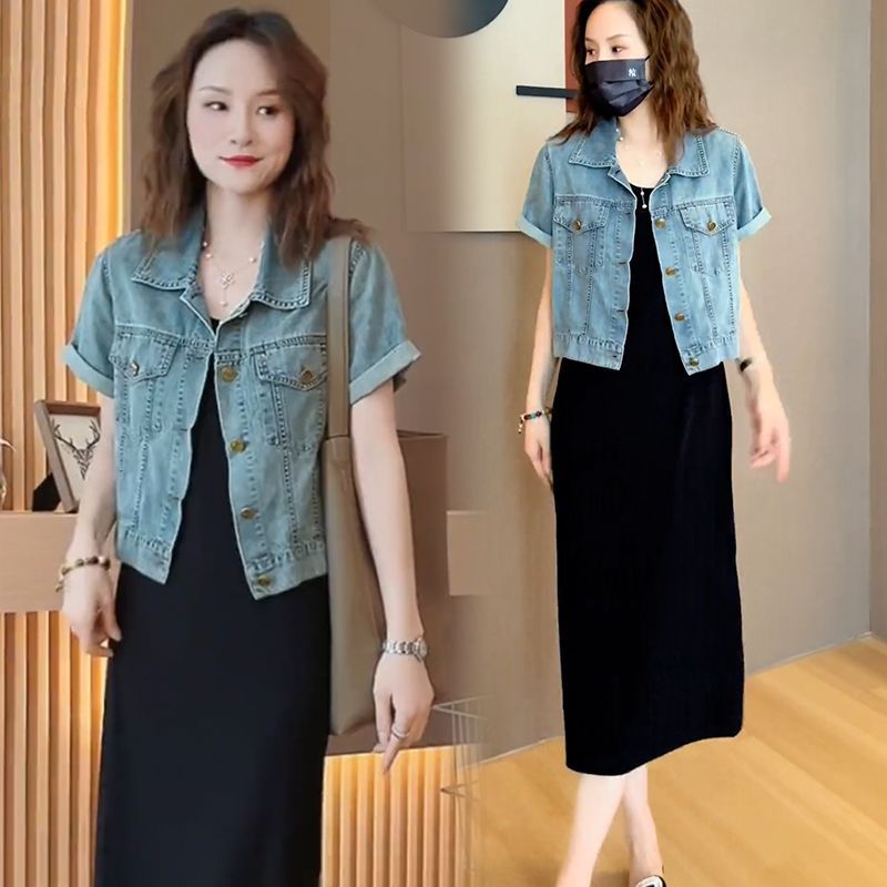 藍海奕諾復古短袖牛仔外套背心裙兩件套女2023夏秋新款顯瘦套裝潮