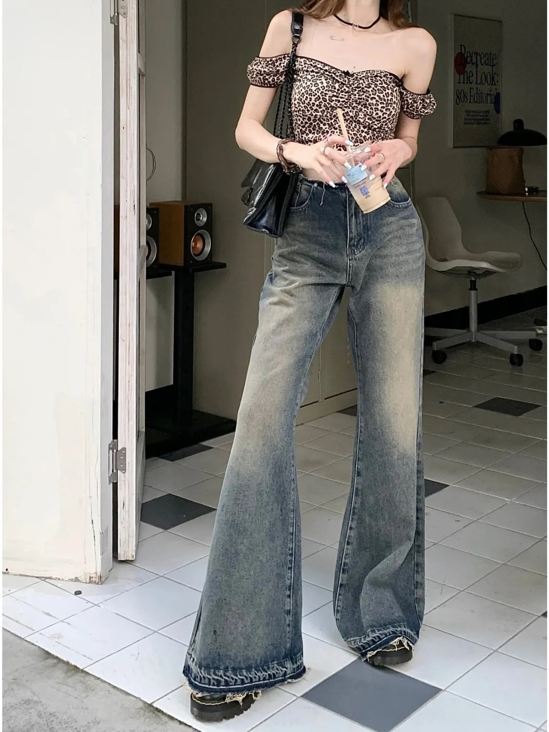 美式復古低腰毛邊牛仔褲女2023秋季新款顯瘦高個子加長拖地微喇褲