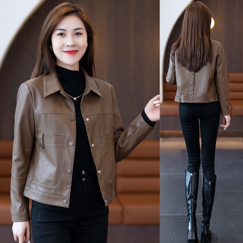 Leather jacket women's short spring and autumn slim black pu leather jacket 2023 new high-end women's motorcycle top