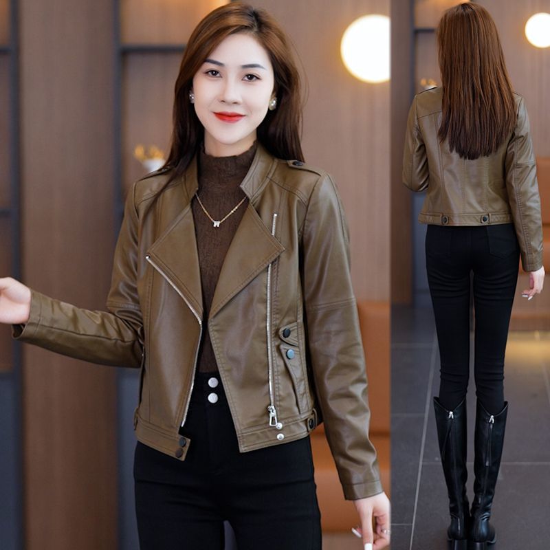Short leather jacket for women 2023 new style, versatile, fashionable, washed leather motorcycle jacket tops, women's jackets