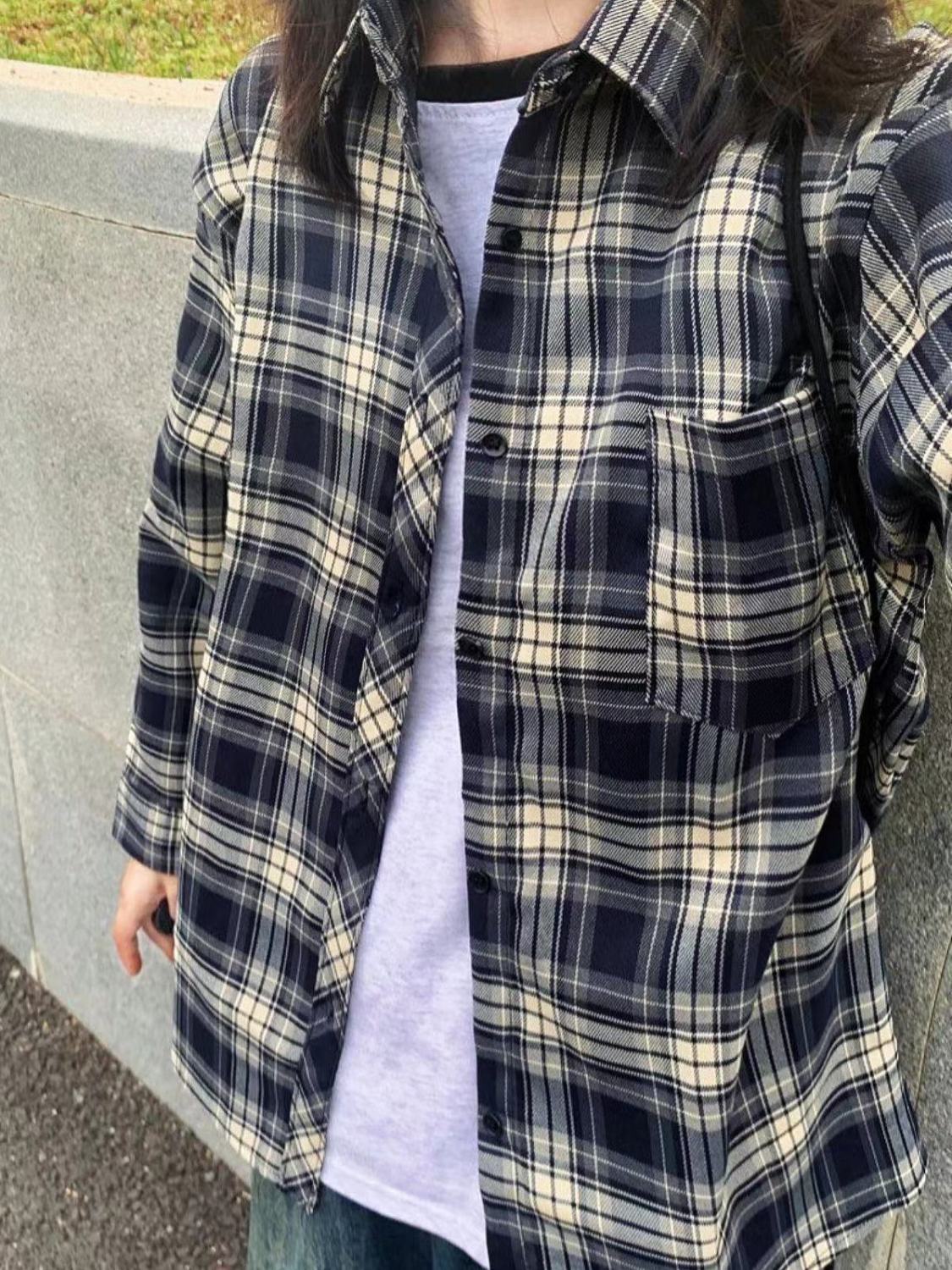 2023早秋新款潮流復古青黑色格紋襯衫外套女寬鬆顯瘦情侶襯衣外穿