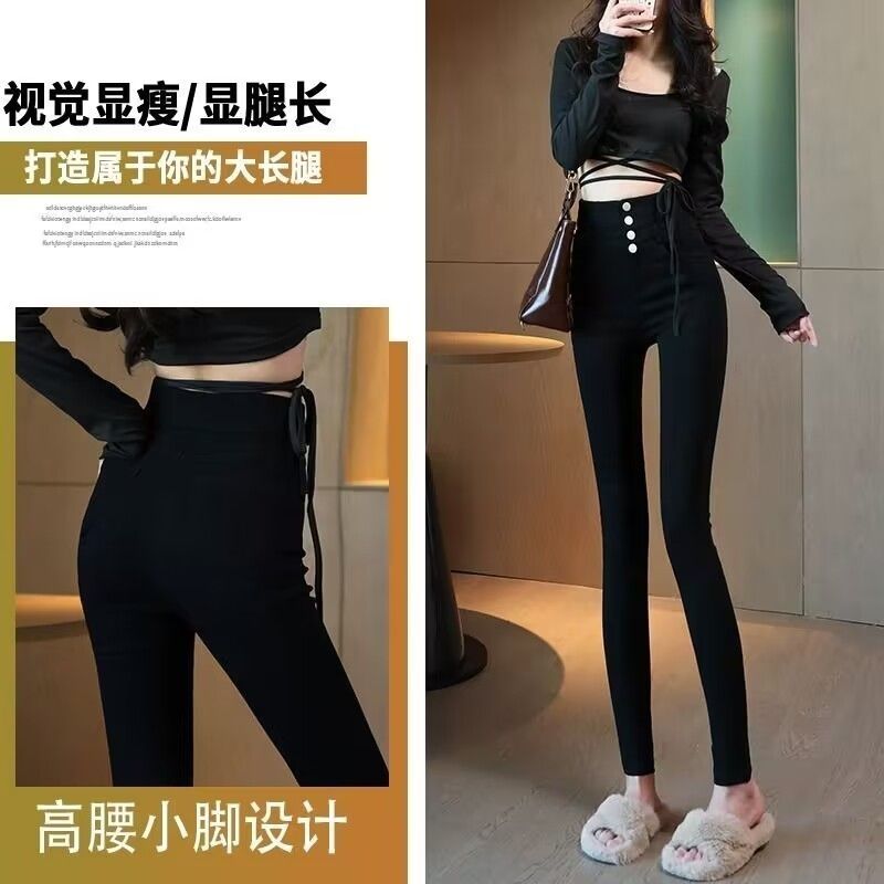 2023 Autumn New Ultra-High Waisted Breasted Outer Leggings Women's Black Slim Fit Small Feet Pencil Magic Pants