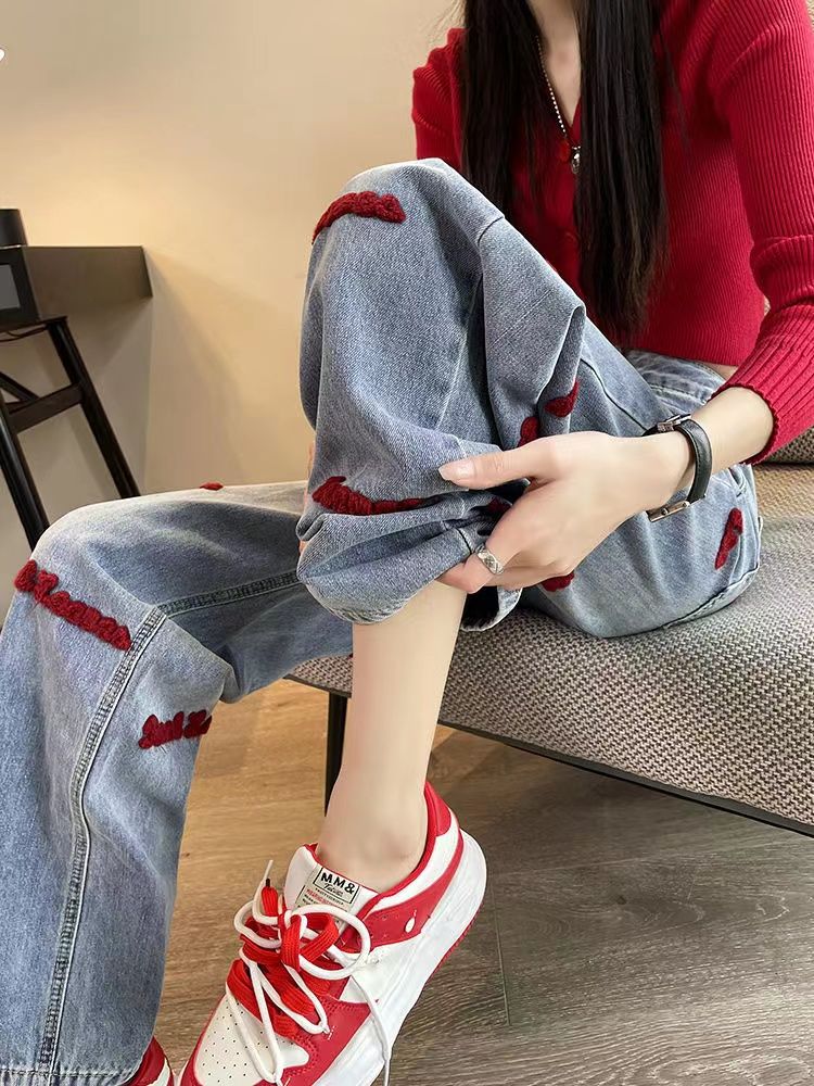 秋冬季美式紅色刺繡牛仔褲女直筒拖地長褲韓版寬鬆百搭高腰歐美風