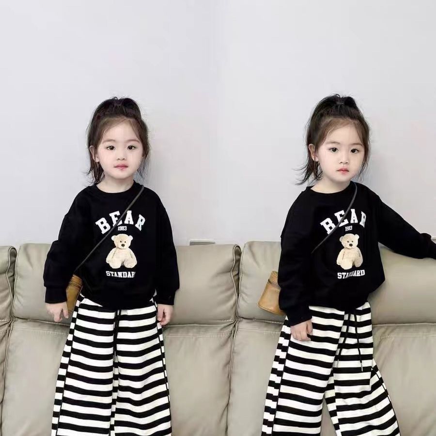 Girls Korean Cartoon Sweatshirt Striped Wide Leg Pants Suit  Autumn Girl Baby Western Style Casual Two-piece Internet Celebrity Outfit