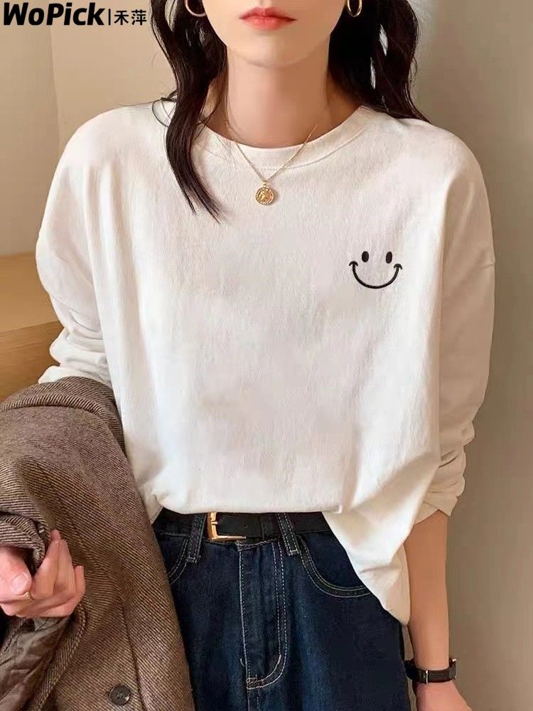 白色純棉長袖t恤女2023春秋新款打底衫韓版寬鬆百搭笑臉印花上衣