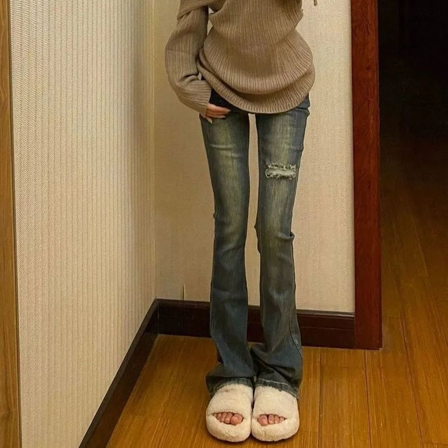 美式復古破洞微喇牛仔褲女2023秋季新款彈力高腰顯瘦緊身喇叭長褲