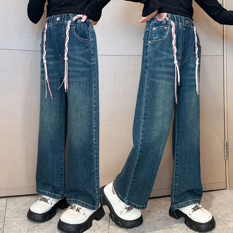 女童秋季牛仔裤新款儿童裤子女孩洋气秋天直筒裤子中大童外穿