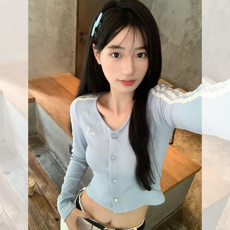 V領短款開衫長袖t恤女2023春秋季穿搭設計感修身洋氣減齡甜辣上衣