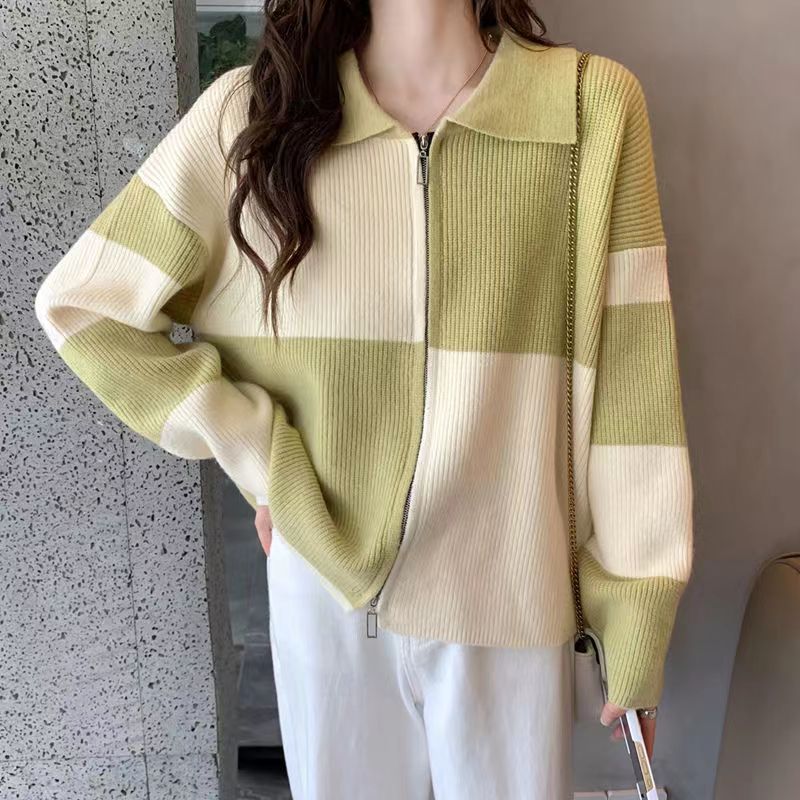 娃娃領軟糯長袖外套女2023秋冬新款寬鬆顯瘦拼色方塊雙拉鏈針織衫