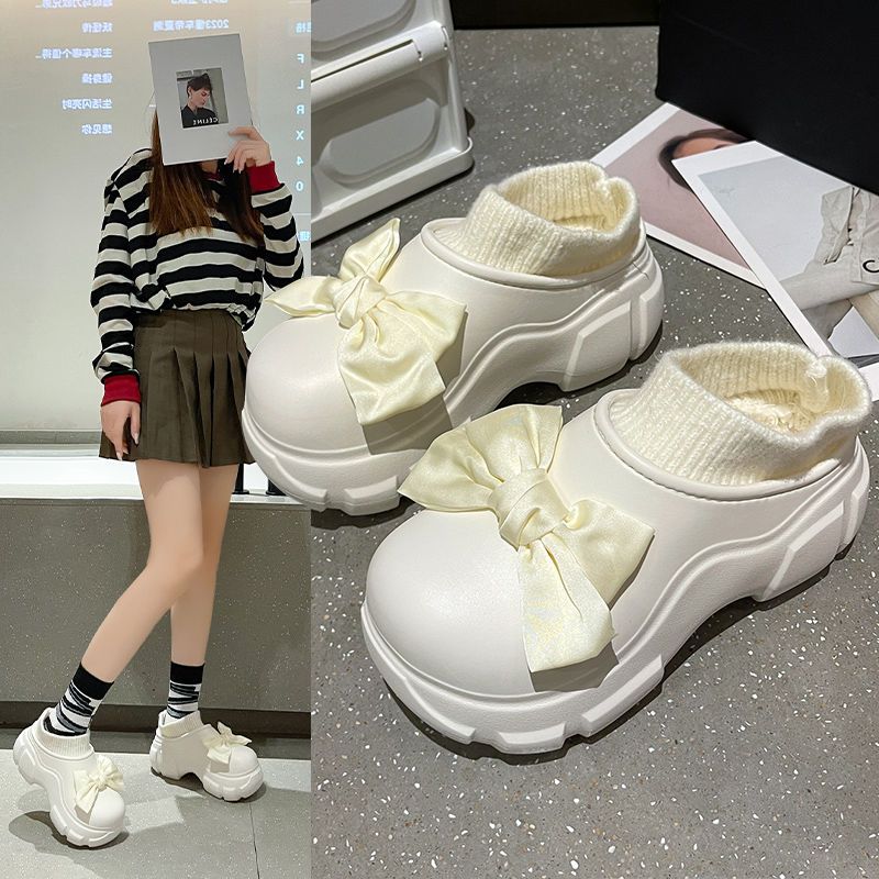 Nai Hu Hu Ba Toe Shoes Women's Outer Wear 2023 Autumn and Winter New Waterproof Home Thick Sole Non-Slip Bow Bag Heel Slippers