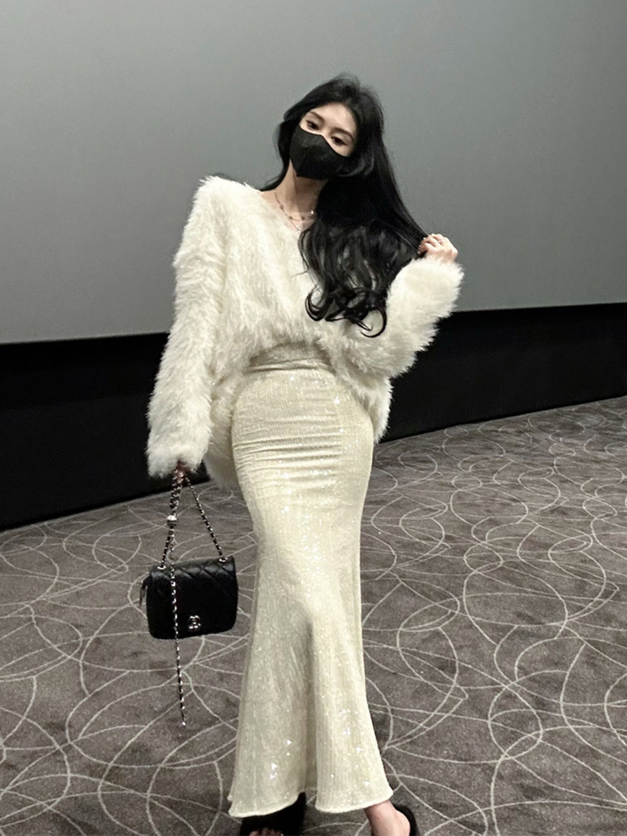 套裝女2023秋季新款輕熟風V領寬鬆毛衣上衣+高腰包臀魚尾裙兩件套