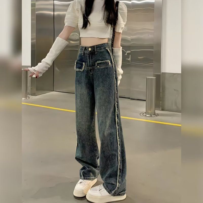 復古寬鬆毛邊牛仔褲女秋冬新款高腰顯瘦拼接百搭闊腿直筒拖地褲潮