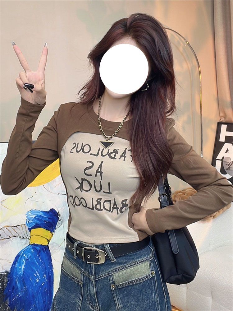 純欲辣妹拼接長袖T恤女秋裝修身印花打底衫休閒短款上衣