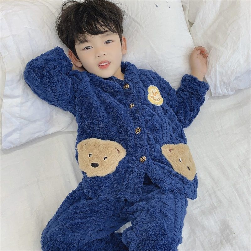 Boys' flannel pajamas set two-piece set girls autumn and winter plus fleece baby home clothes set universal winter style