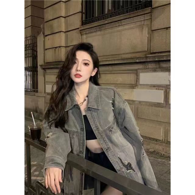港味復古牛仔外套女2023春季新款水洗做舊寬鬆百搭夾克上衣外搭潮