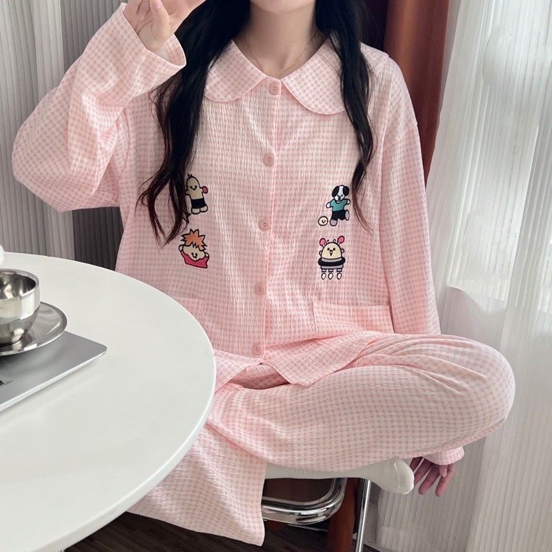 ins風粉色格子卡通睡衣女春秋款日系可愛長袖網紅爆款家居服套裝