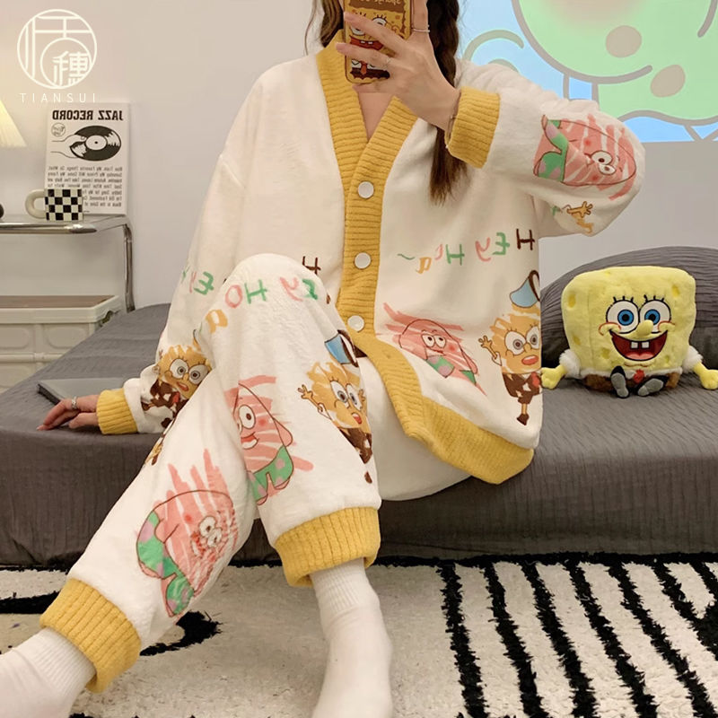 2023年秋冬季珊瑚絨睡衣女加厚加絨卡通可愛家居服法蘭絨保暖套裝