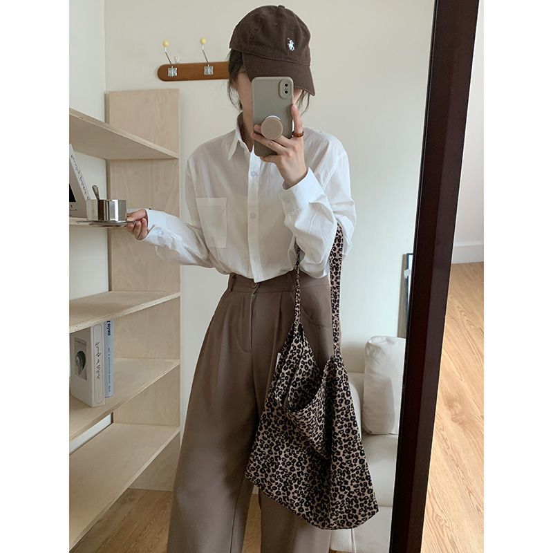 春秋季通勤POLO領白色襯衫設計感chic韓系簡約寬鬆百搭長袖上衣女