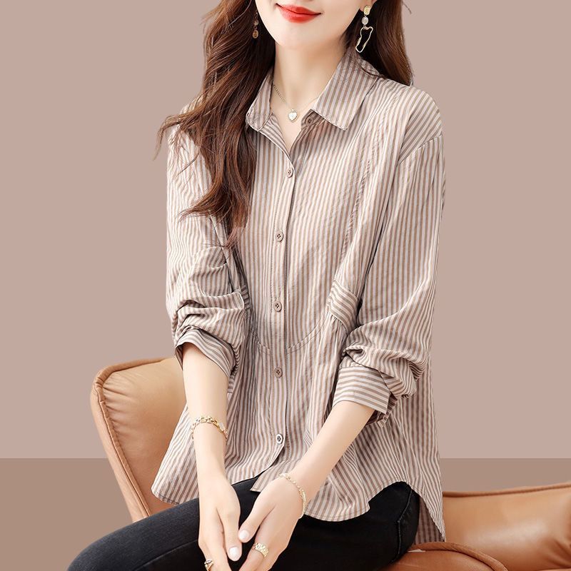 女士襯衫2023夏秋新款設計感小眾上衣時尚洋氣遮肚子顯瘦條紋襯衣