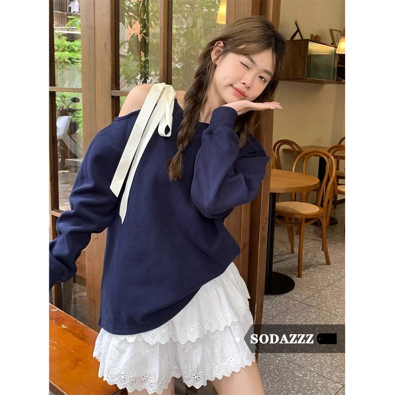 SODAZZZ設計感蝴蝶結露肩長袖衛衣女秋冬小眾寬鬆休閒百搭上衣潮