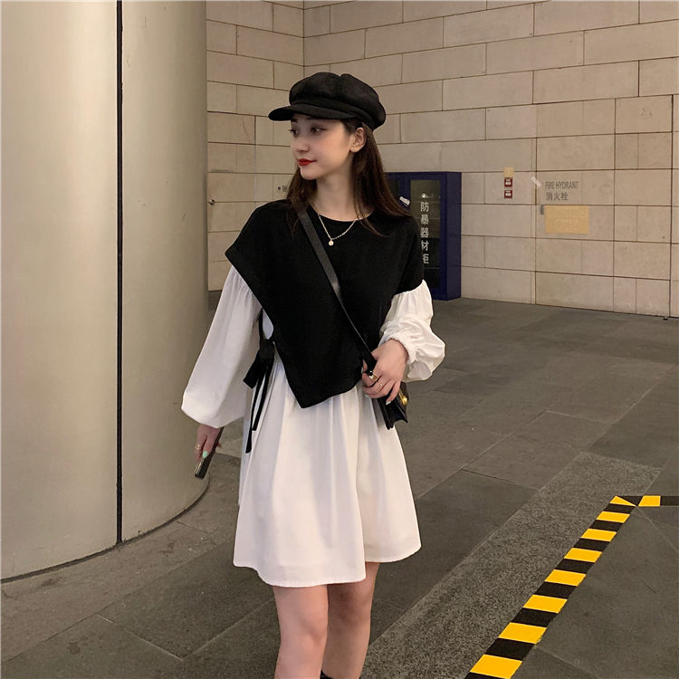 秋冬穿搭新款韓不規則假兩件拼色燈籠袖連衣裙遮肉寬鬆女連衣裙