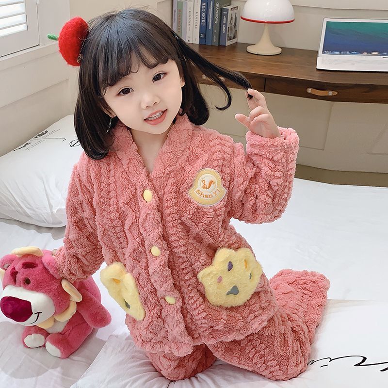 Boys' flannel pajamas set two-piece set girls autumn and winter plus fleece baby home clothes set universal winter style