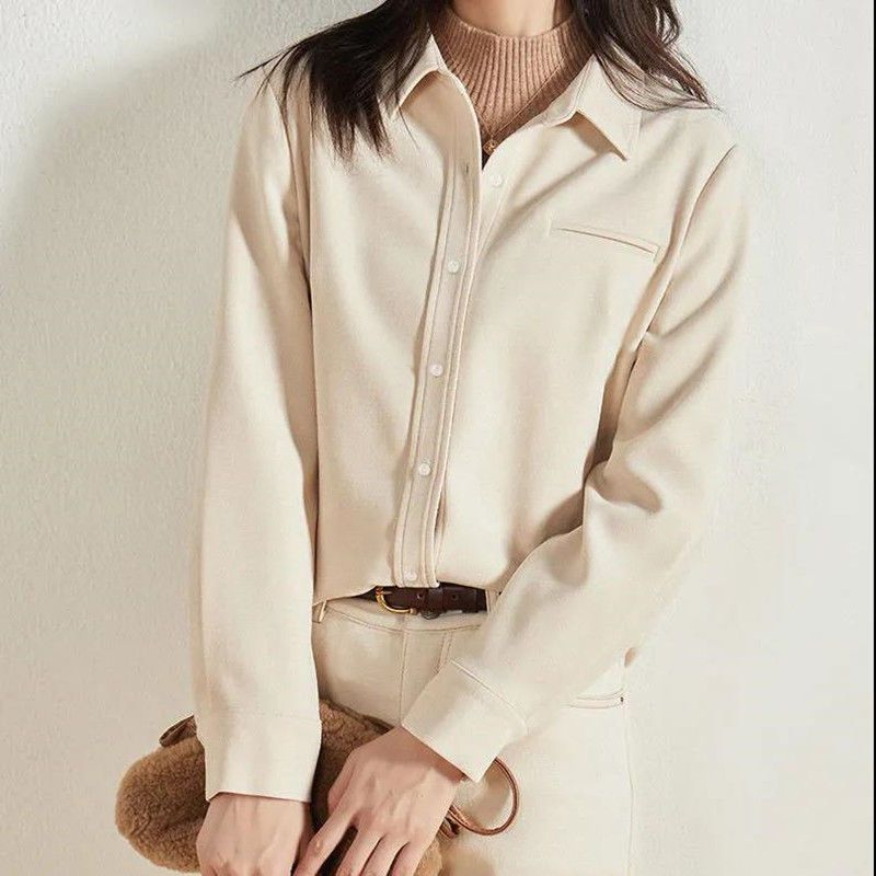韩版磨毛纯色长袖衬衫女秋冬新款高级感衬衣显瘦宽松职业通勤上衣