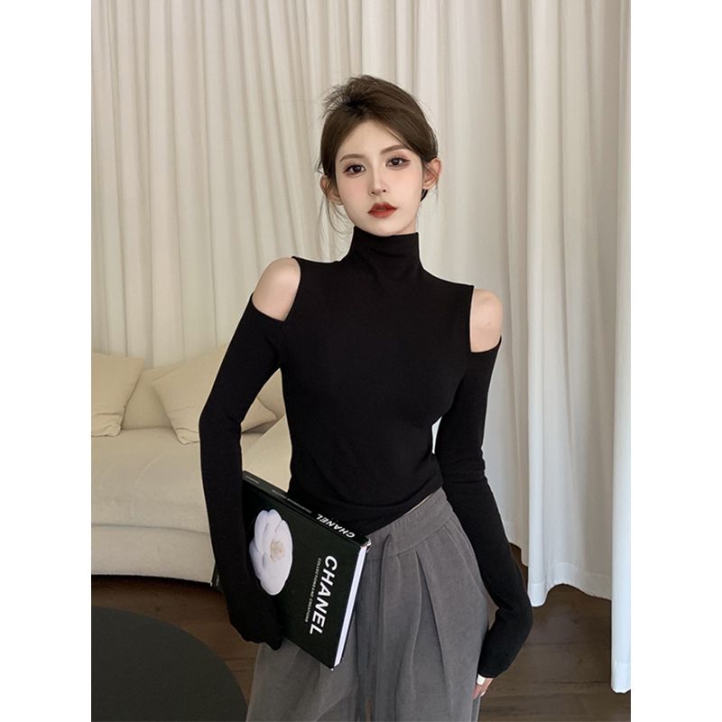 美拉德絨辣妹半高領打底衫女春秋季港味設計感露肩內搭長袖上衣潮