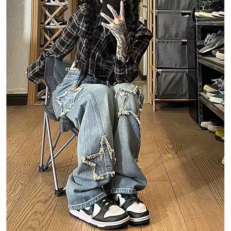美式復古星星直筒牛仔褲女秋季新款設計感小眾寬鬆闊腿褲子高街潮