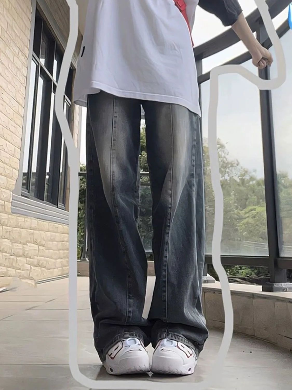美式復古高街水洗做舊漸變設計感小眾高腰顯瘦垂感闊腿拖地褲子潮
