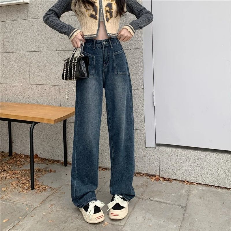 直筒牛仔褲女2023春秋季新款寬鬆大碼胖MM復古藍拖地闊腿褲子長褲
