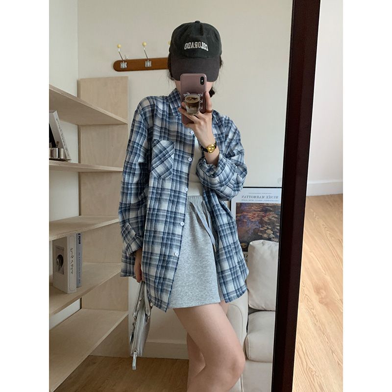秋季格紋襯衫設計感小眾寬鬆百搭純棉上衣港味慵懶復古長袖外套女