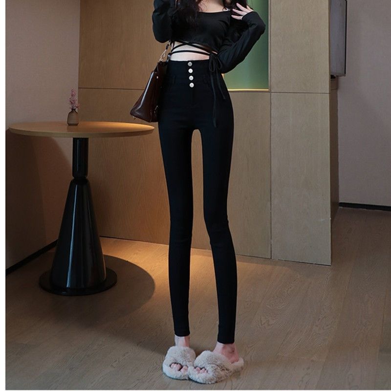 2023 Autumn New Ultra-High Waisted Breasted Outer Leggings Women's Black Slim Fit Small Feet Pencil Magic Pants