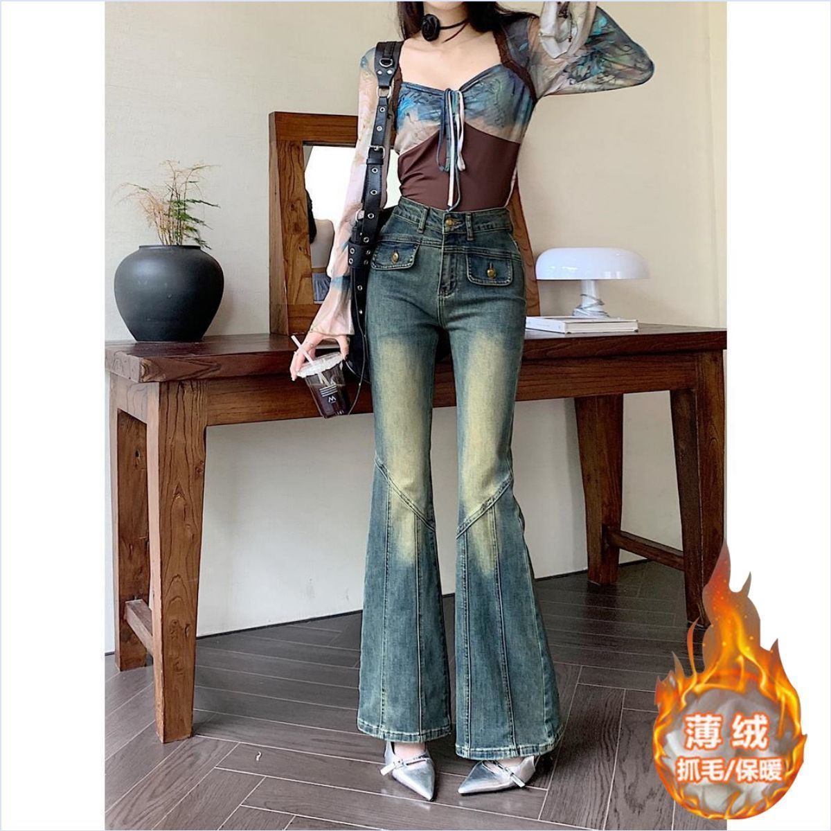 復古做舊水洗牛仔褲女秋季高腰顯瘦微喇褲修身彈力長褲子ins風