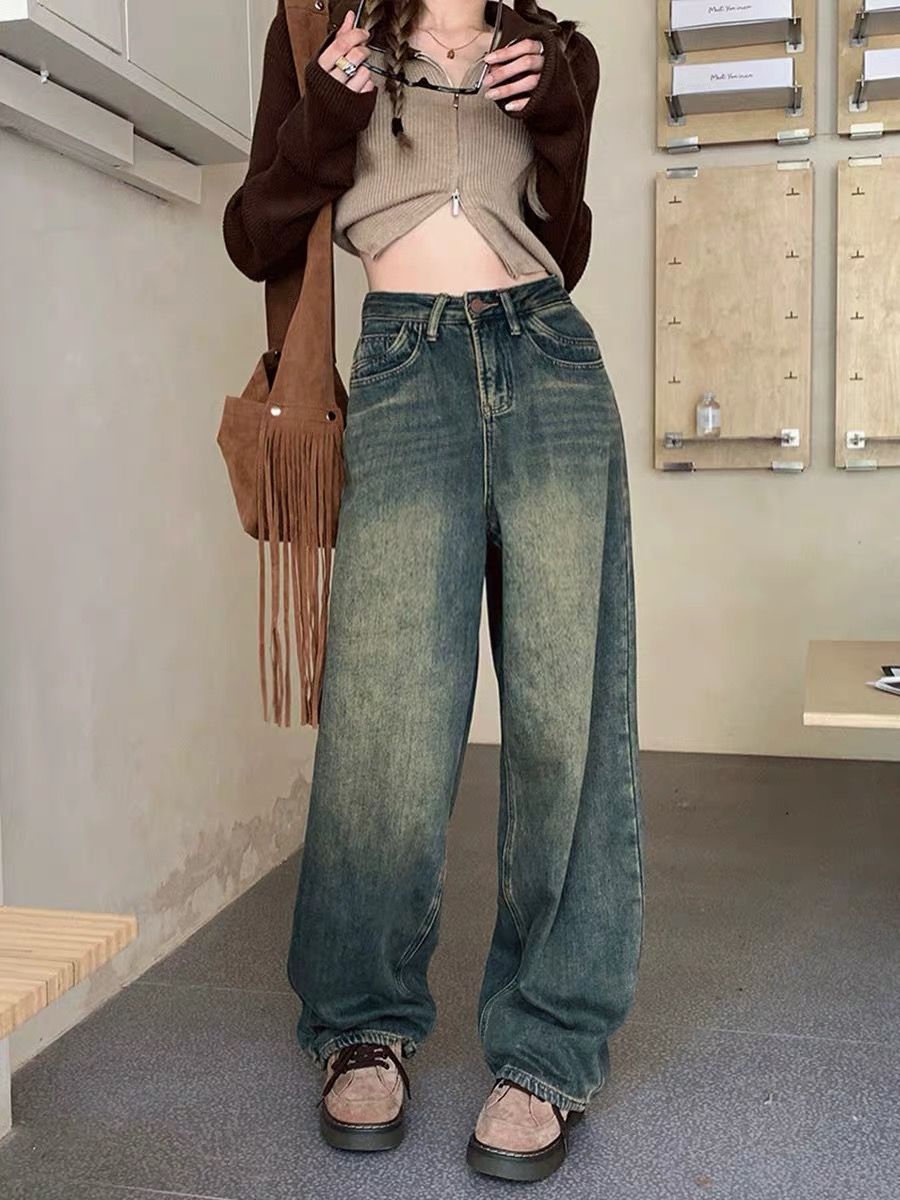 復古做舊藍色闊腿牛仔褲女2023秋季寬鬆高腰百搭休閒直筒拖地褲子