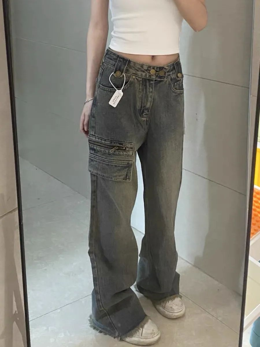 港風做舊毛邊牛仔褲女高腰寬鬆直筒闊腿長褲小眾水洗潮牌拖地褲子