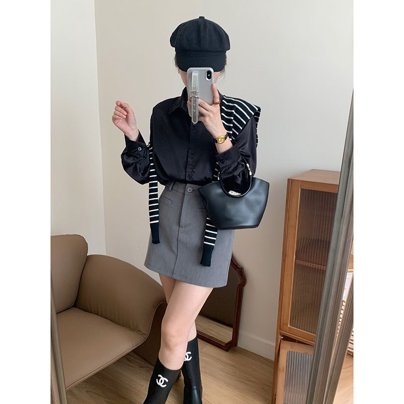 黑色氣質襯衫女職業通勤OL長袖襯衣春秋寬鬆輕熟垂感通勤百搭上衣