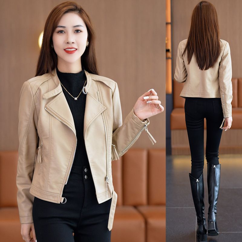Short Slim Fit PU Leather Jacket Women's 2023 Spring and Autumn New White Temperament Versatile Motorcycle Leather Jacket Top