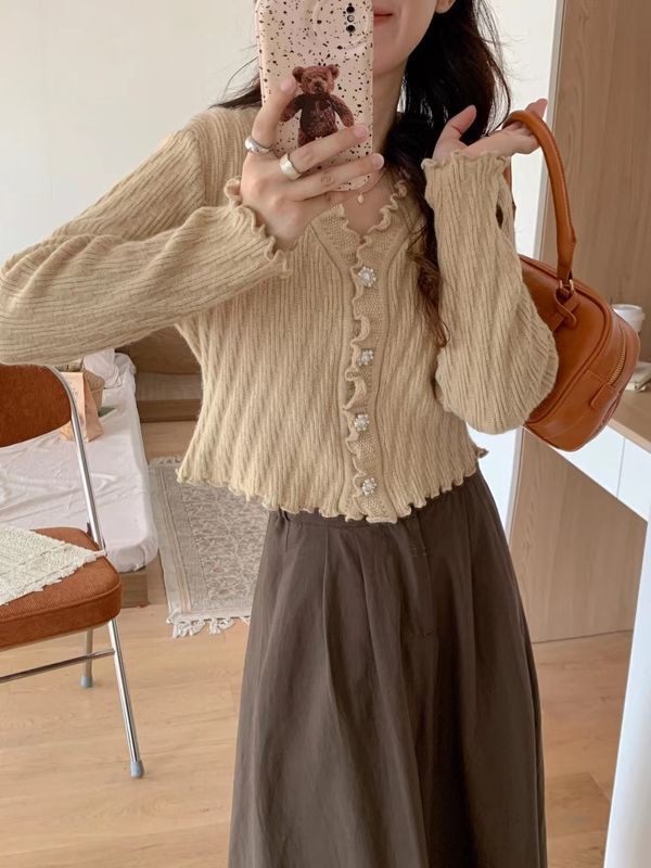 韓版溫柔風甜美針織上衣早秋單排扣波浪邊簡約小個子文藝長袖外套