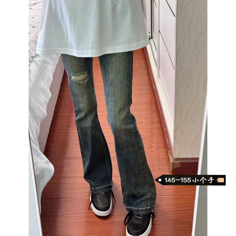 破洞高腰復古微喇叭牛仔褲女小個子秋季水洗直筒修身顯瘦馬蹄長褲